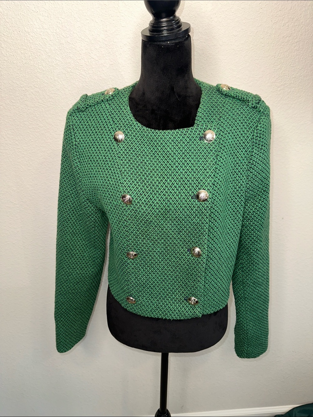 Zara Green Double-Breasted Knit Blazer with Gold Buttons